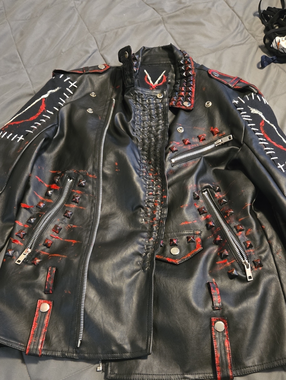 Black & Red Studded Leather Biker Jacket - Women